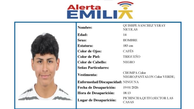 Emiten alerta Emilia por la desaparición de Nicolás Quishpe, de 14 años, en el norte de Quito