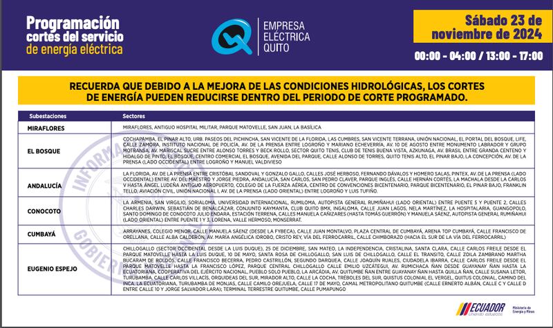 CORTES DE LUZ QUITO SABADO 23 DE NOVIEMBRE