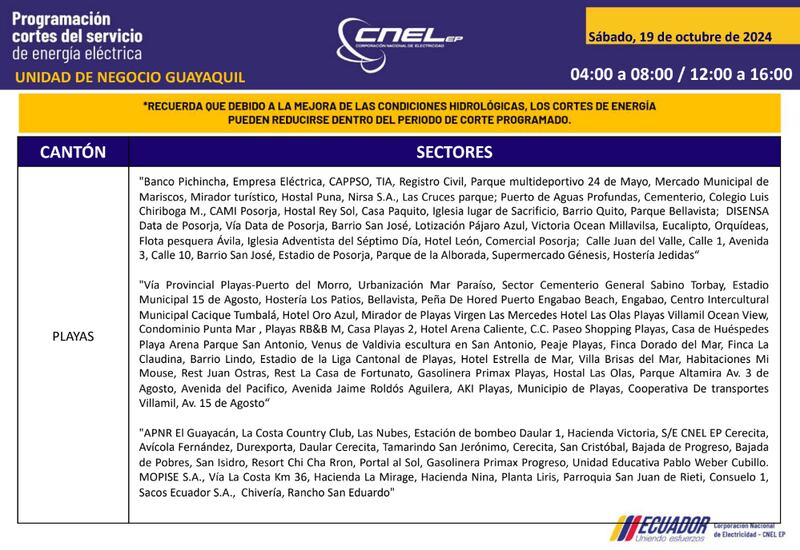 Guayaquil: horarios de cortes de luz para este sábado 19 y domingo 20 de octubre. Imagen: CNEL