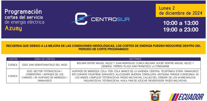 Cuenca: revise el cronograma de cortes de luz de este lunes 2 de diciembre. Imagen: CENTROSUR