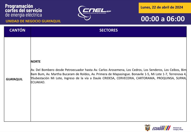 Cortes de luz en Guayaquil este 22 de abril