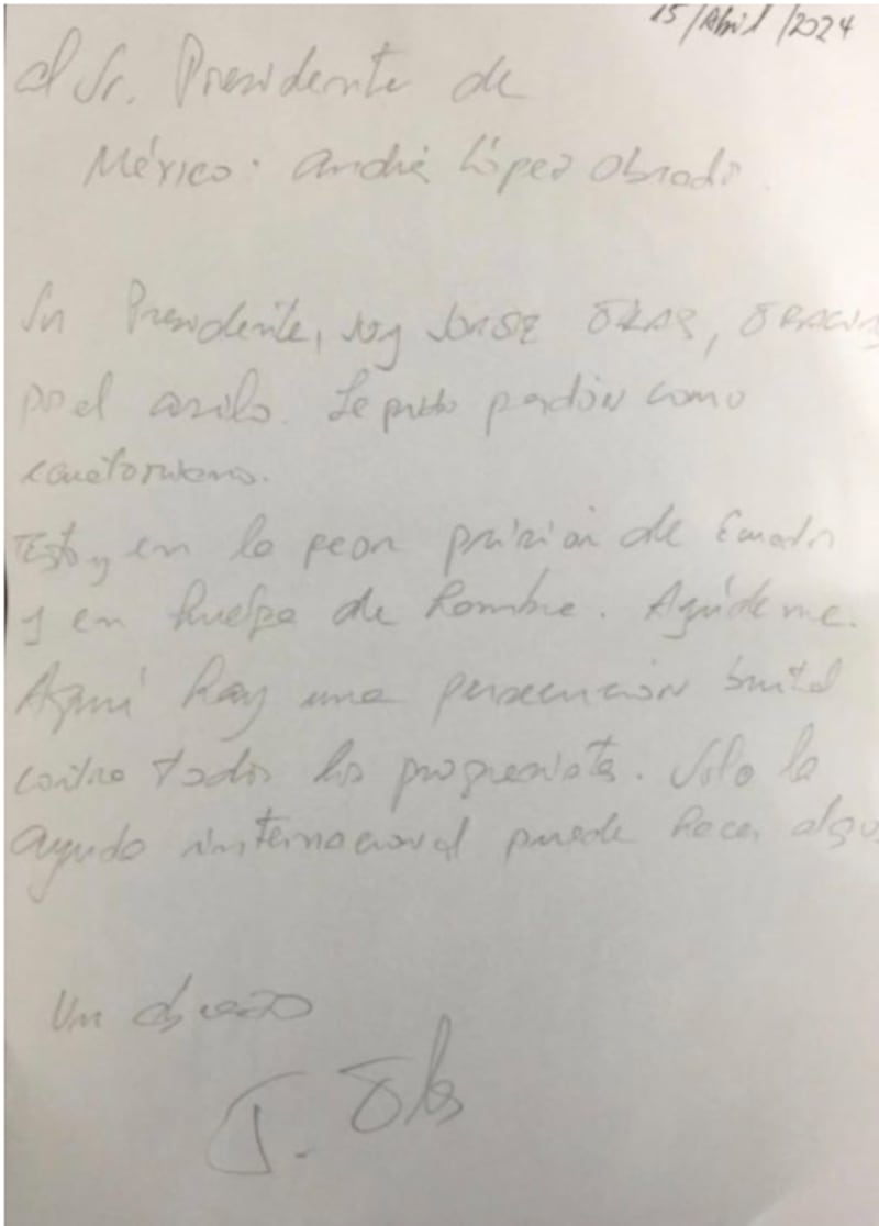 Carta de Jorge Glas enviada al presidente de México, Andrés Manuel López Obrador.