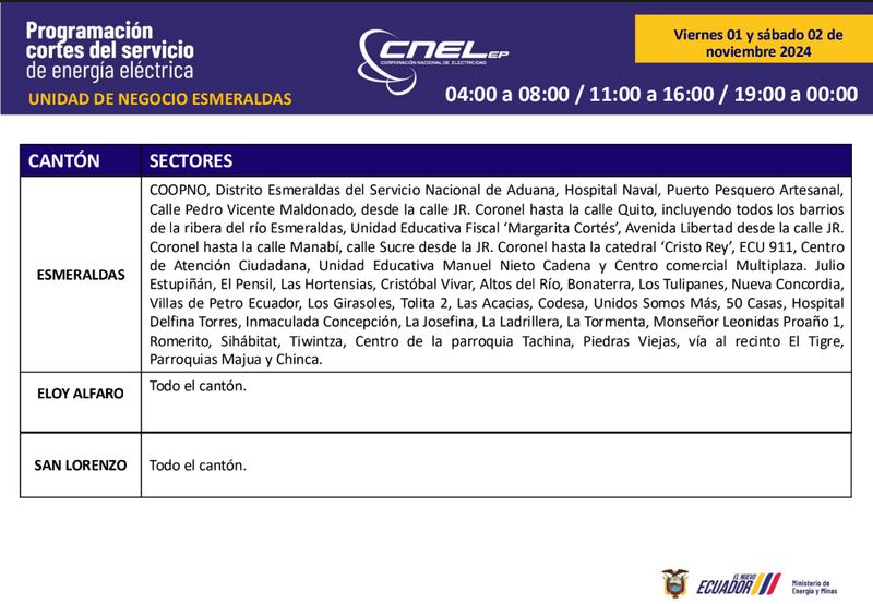 Así quedan los cortes de luz en Esmeraldas para este feriado de noviembre 2024