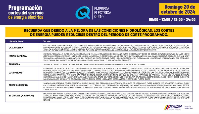 Quito: estos son los horarios de cortes de luz para este sábado 19 y domingo 20 de octubre. Imagen: EEQ
