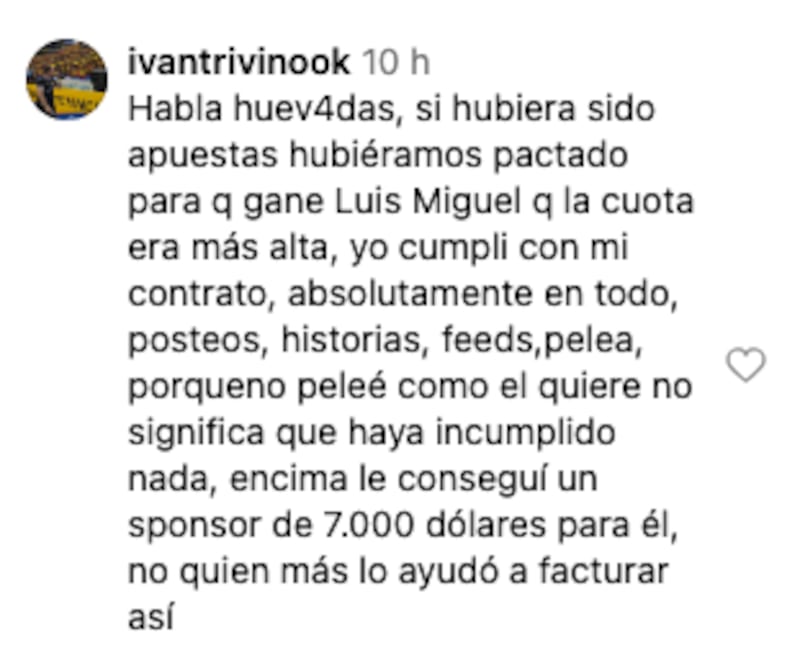 Ivan Triviño contesta a Kike Jav - Fuente: Captura comentario de Instagram