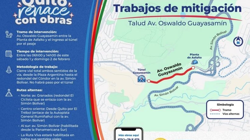 Quito: Este fin de semana hay cierre total en la av. Oswaldo Guayasamín por trabajos en taludes