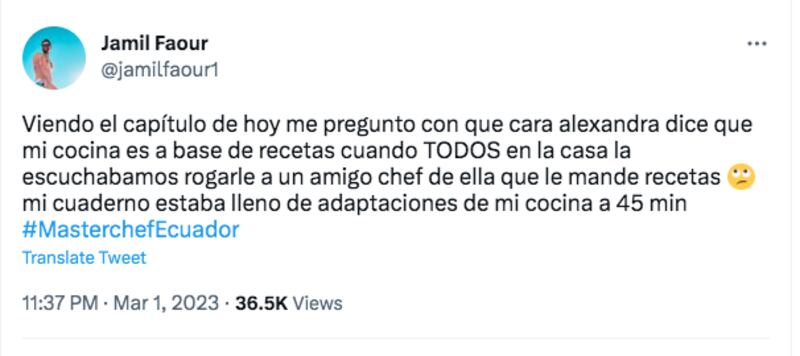 Twitter de Jamil en el que habla de Alexandra
