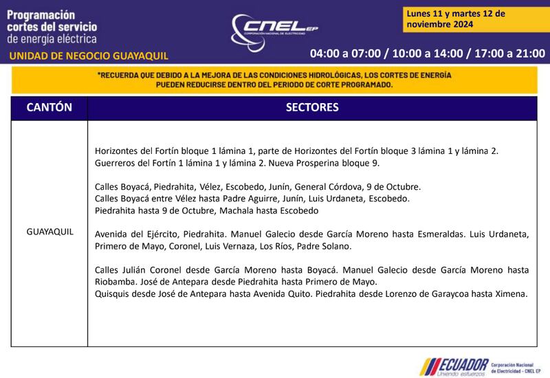 Cortes de luz en Guayaquil el 11 y 12 de noviembre