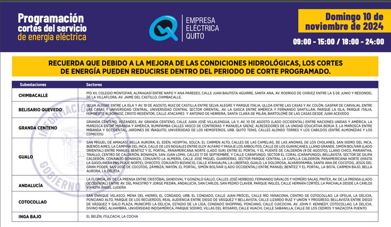 NUEVOS HORARIOS DE CORTES DE ESTE DOMINGO 10 DE NOVIEMBRE EN QUITO: