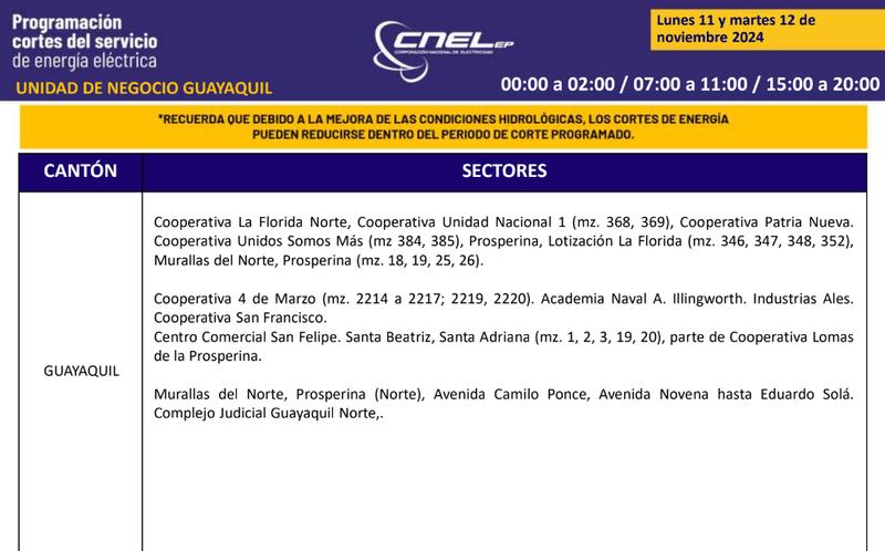 Cortes de luz en Guayaquil el 11 y 12 de noviembre