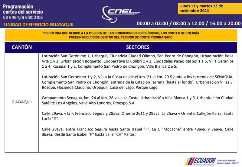 Cortes de luz en Guayaquil el 11 y 12 de noviembre