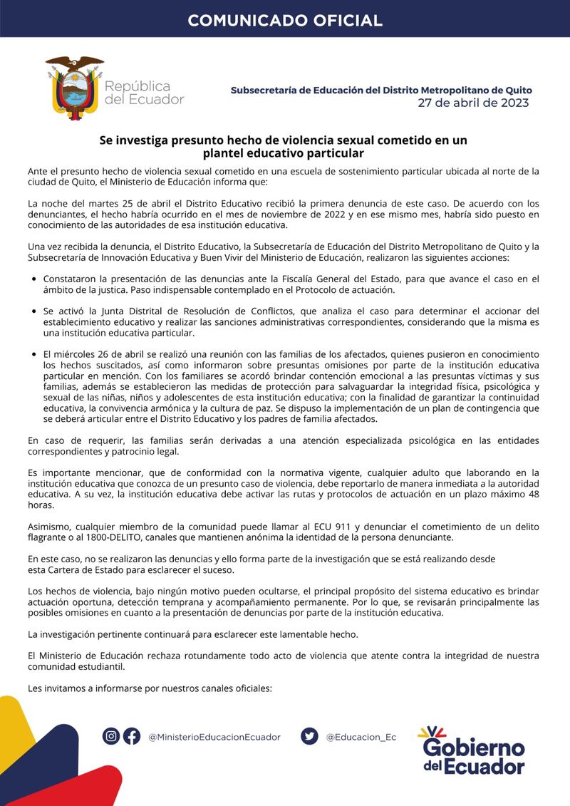 Abuso sexual en plantel en el norte de Quito