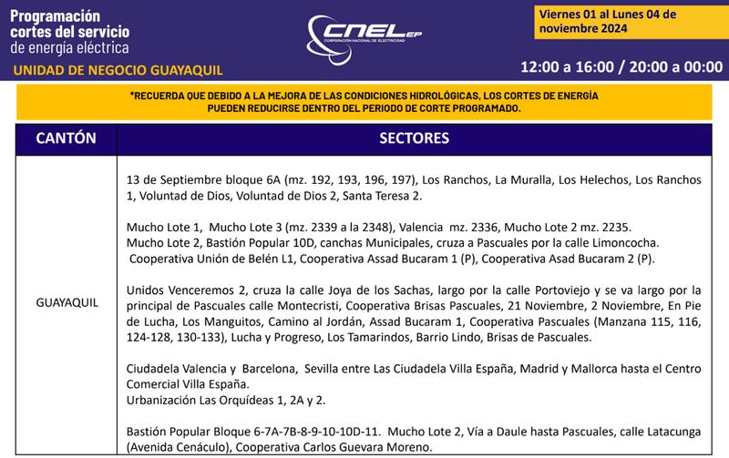 Guayaquil: Así quedan los nuevos horarios de cortes de luz para el feriado de noviembre