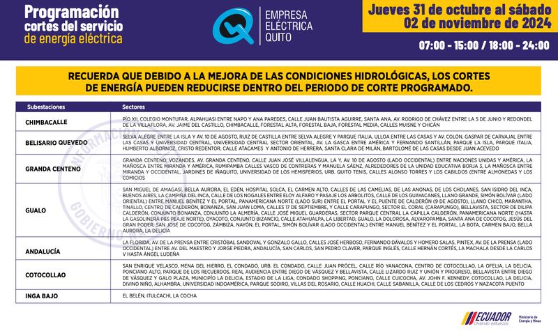 Quito: horarios de cortes de luz del 28 de octubre al 3 de noviembre. Imagen: EEQ