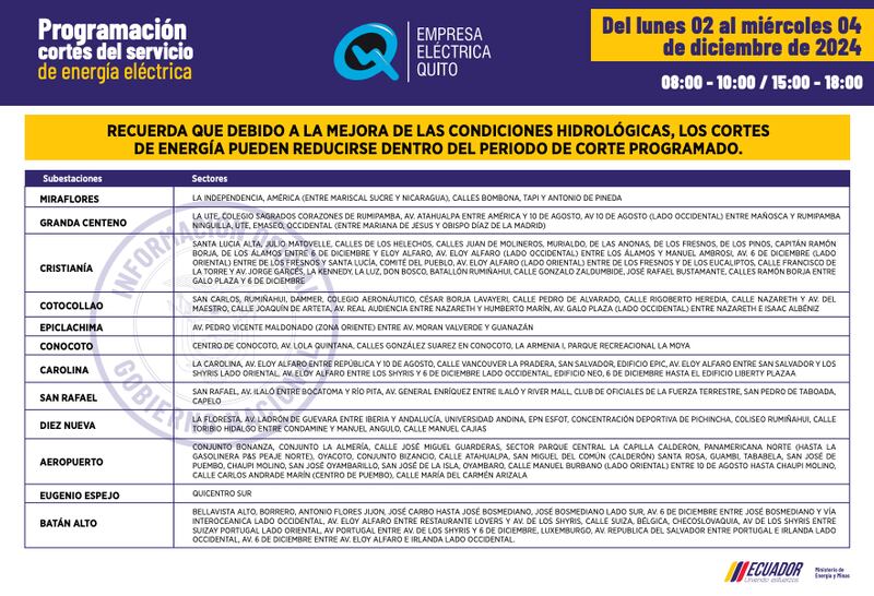Cortes de luz en Quito del lunes 2 al miércoles 4 de diciembre