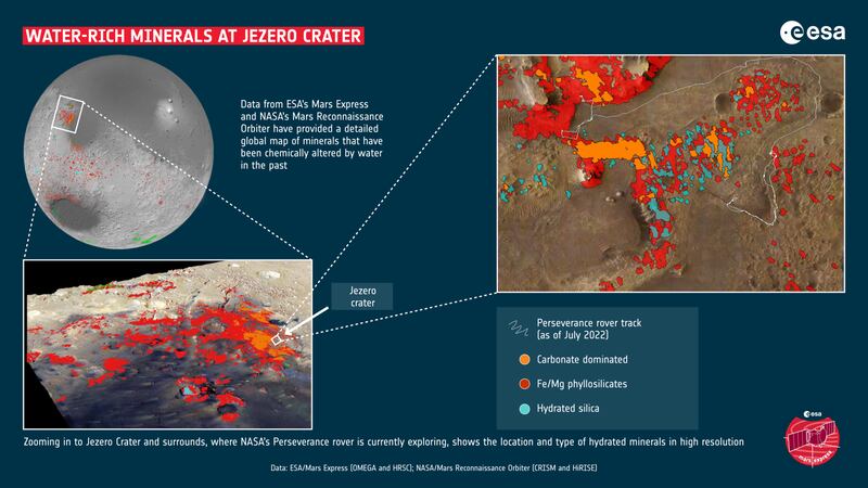 Zonas del cráter Jezero que tuvieron agua
