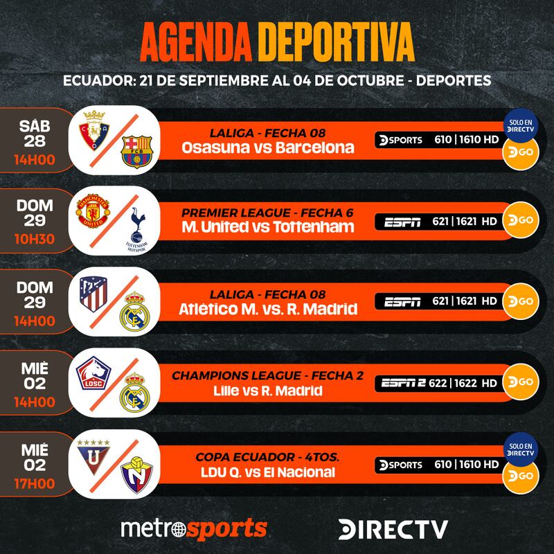 Agenda DIRECTV del 21 de septiembre al 04 de octubre