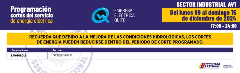 SECTOR INDUSTRIAL: cortes de luz en Quito del 9 al 15 de diciembre
