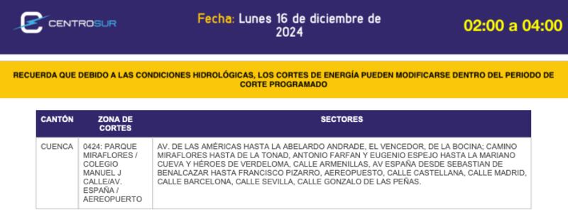 Cuenca: cronograma de apagones de este lunes 16 de diciembre. Imagen: CENTROSUR