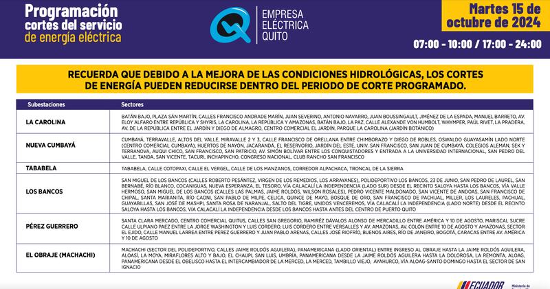 Quito: recuerde los horarios de cortes de luz para este 15 de octubre