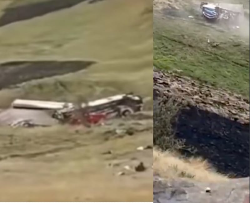 Bus de la cooperativa Ambateñita cae por la ladera en Simiátug, Bolívar, captado en video.