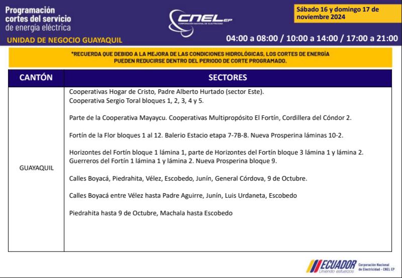Guayaquil: horarios de cortes de luz de este domingo 17 de noviembre. Imagen: CNEL