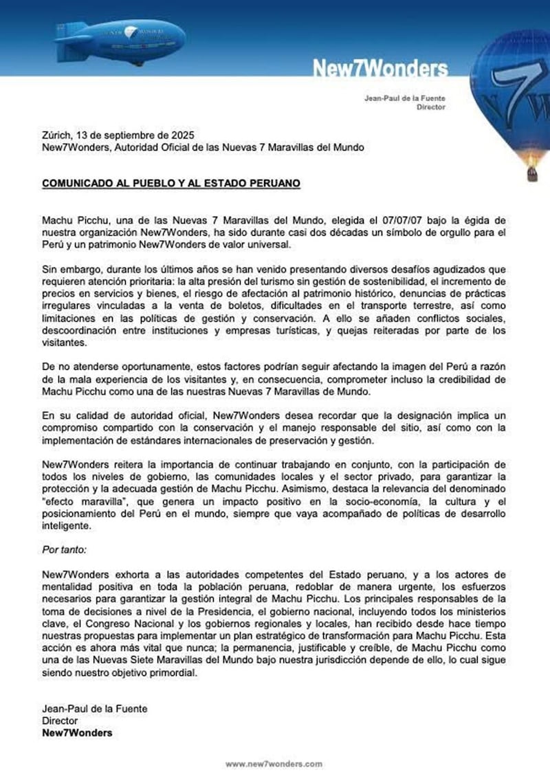 New7Wonders advierte que la gestión deficiente podría comprometer la permanencia de Machu Picchu en la lista mundial.