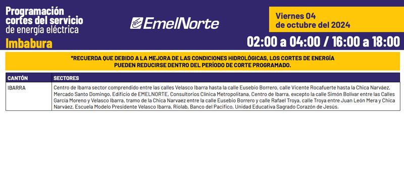 Horarios de cortes de luz en Pichincha el 4 de octubre