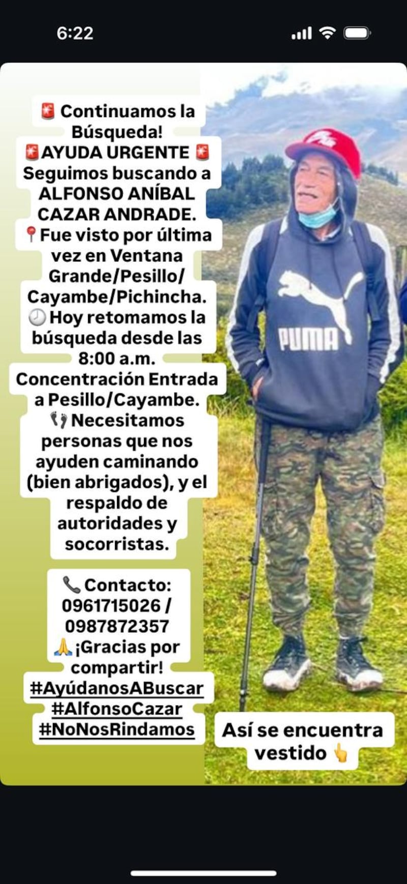 Familiares buscan a Alfonso Cazar, de 72 años, desaparecido en Cayambe tras salir a caminar