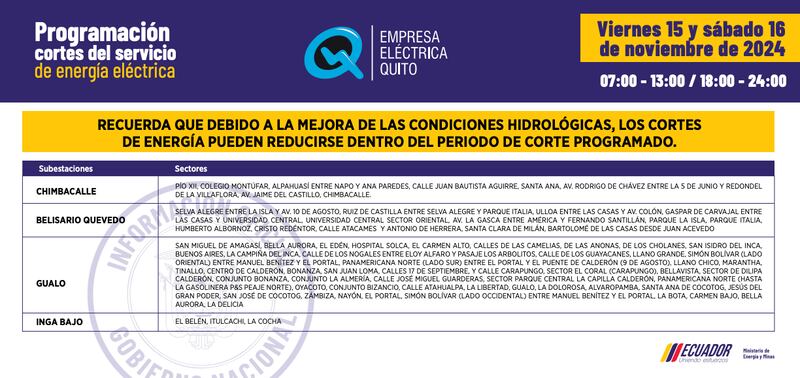 CORTES DE LUZ VIERNES 15 Y SÁBADO 16 DE NOVIEMBRE