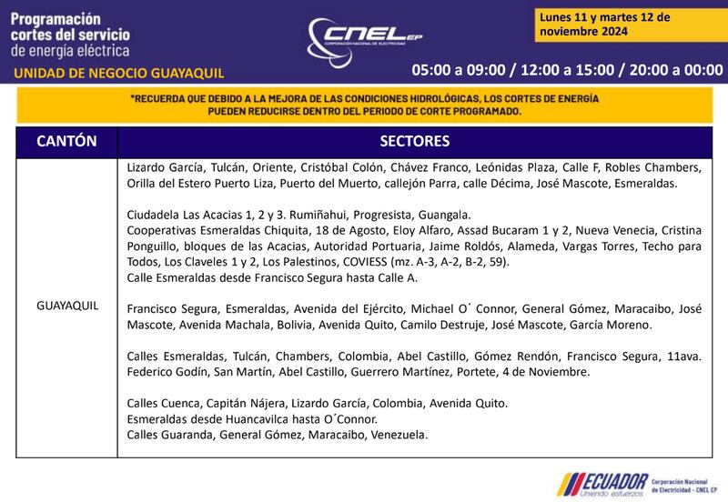 Cortes de luz en Guayaquil el 11 y 12 de noviembre