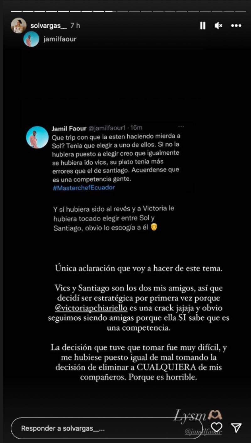 Mensaje de Sol Vargas de MasterChef Ecuador