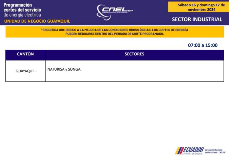 Guayaquil: horarios de cortes de luz de este domingo 17 de noviembre. Imagen: CNEL