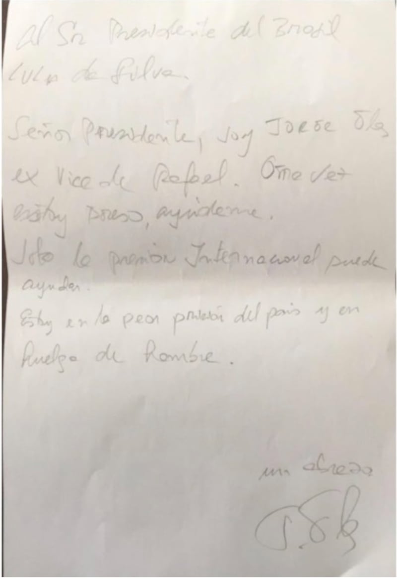 Carta de Jorge Glas enviada al presidente de Brasil, Luiz Inácio Lula da Silva