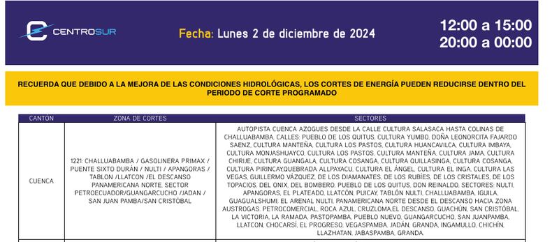 Cuenca: revise el cronograma de cortes de luz de este lunes 2 de diciembre. Imagen: CENTROSUR