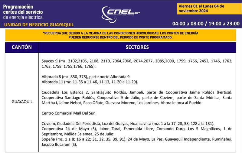 Guayaquil: Así quedan los nuevos horarios de cortes de luz para el feriado de noviembre