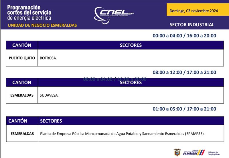 Así quedan los cortes de luz en Esmeraldas para este feriado de noviembre 2024