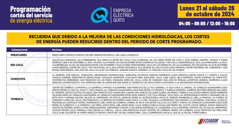 Horarios de corte de luz en Quito hasta el 26 de octubre