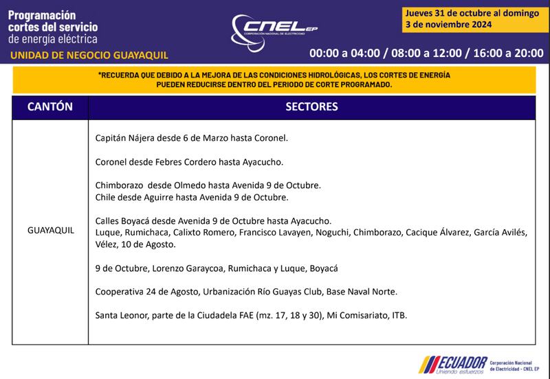Cortes de luz en Guayaquil del 31 de octubre al 3 de noviembre