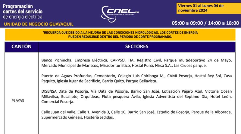 Guayaquil: Así quedan los nuevos horarios de cortes de luz para el feriado de noviembre