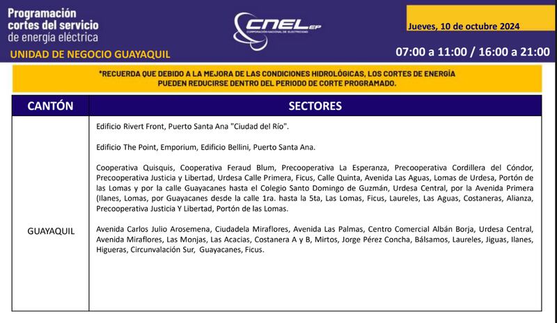 Cortes de luz en Guayaquil 10 de octubre