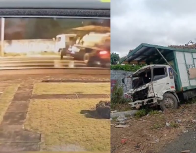 Camiones involucrados en el choque frontal en la vía Milagro – Naranjito; el accidente dejó una persona fallecida y tránsito parcial.
