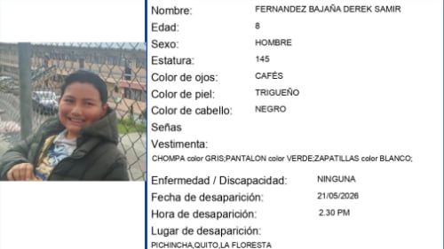 Urgente: activan Alerta Emilia por la desaparición de Derek Fernández, de 8 años, en Quito