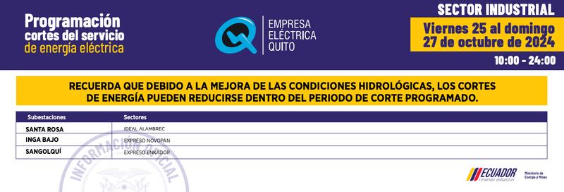Quito: recuerde los horarios de cortes de luz de 14 horas para este 26 y 27 de octubre