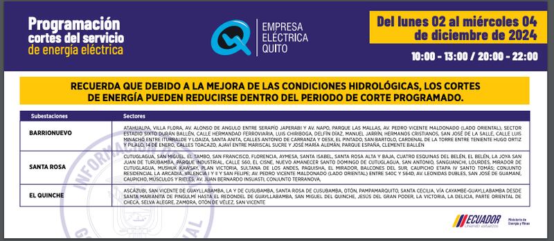Los barrios de Quito que no tendrán luz en las noches durante las fiestas