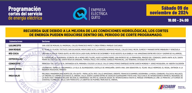 CORTES DE LUZ QUITO 9 DE NOVIEMBRE