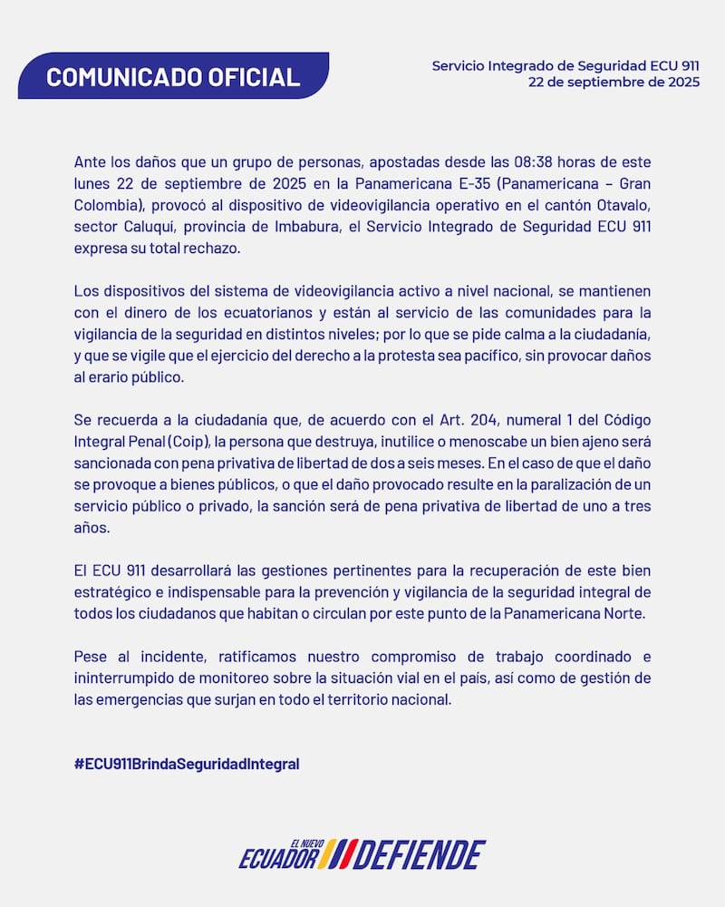 ECU 911 denuncia daños a cámara de videovigilancia durante protestas en Otavalo