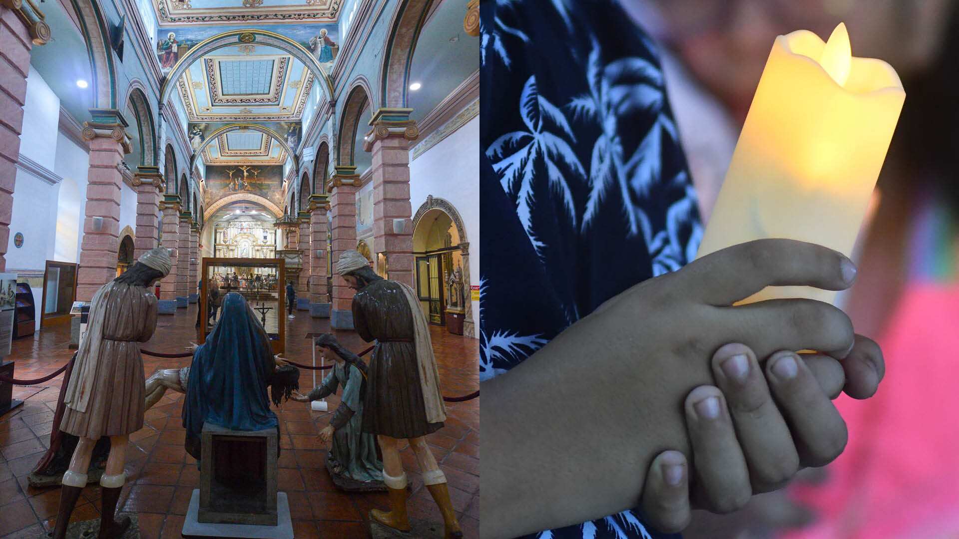 (Izq.) Museo Catedral Antigua, exposicion de arte religioso"Semana Santa"/ (Der.) Acto religioso del Via Crusis por Semana Santa en Manta