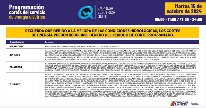 Quito: recuerde los horarios de cortes de luz para este 15 de octubre