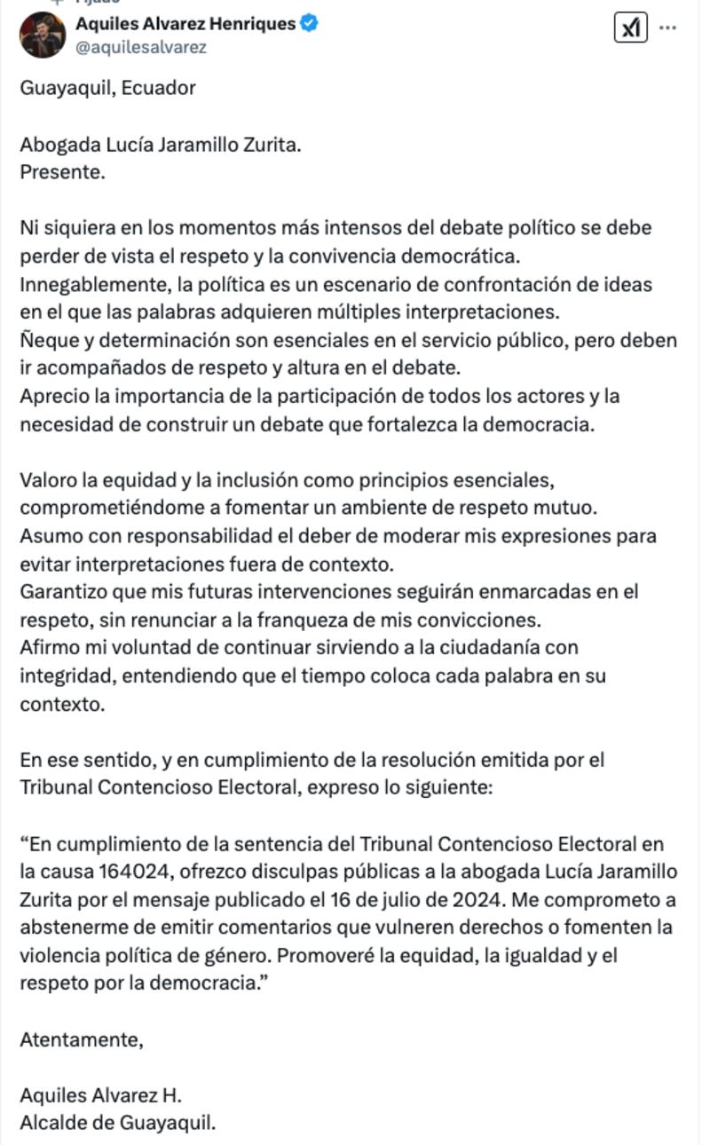 Disculpa de Aquiles Álvarez
